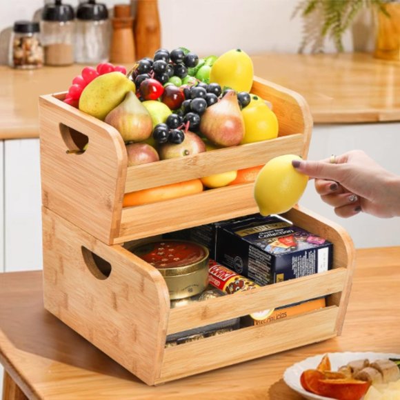Deayou Kitchen 2tier Stackable Bamboo Fruit Baskets Openfront